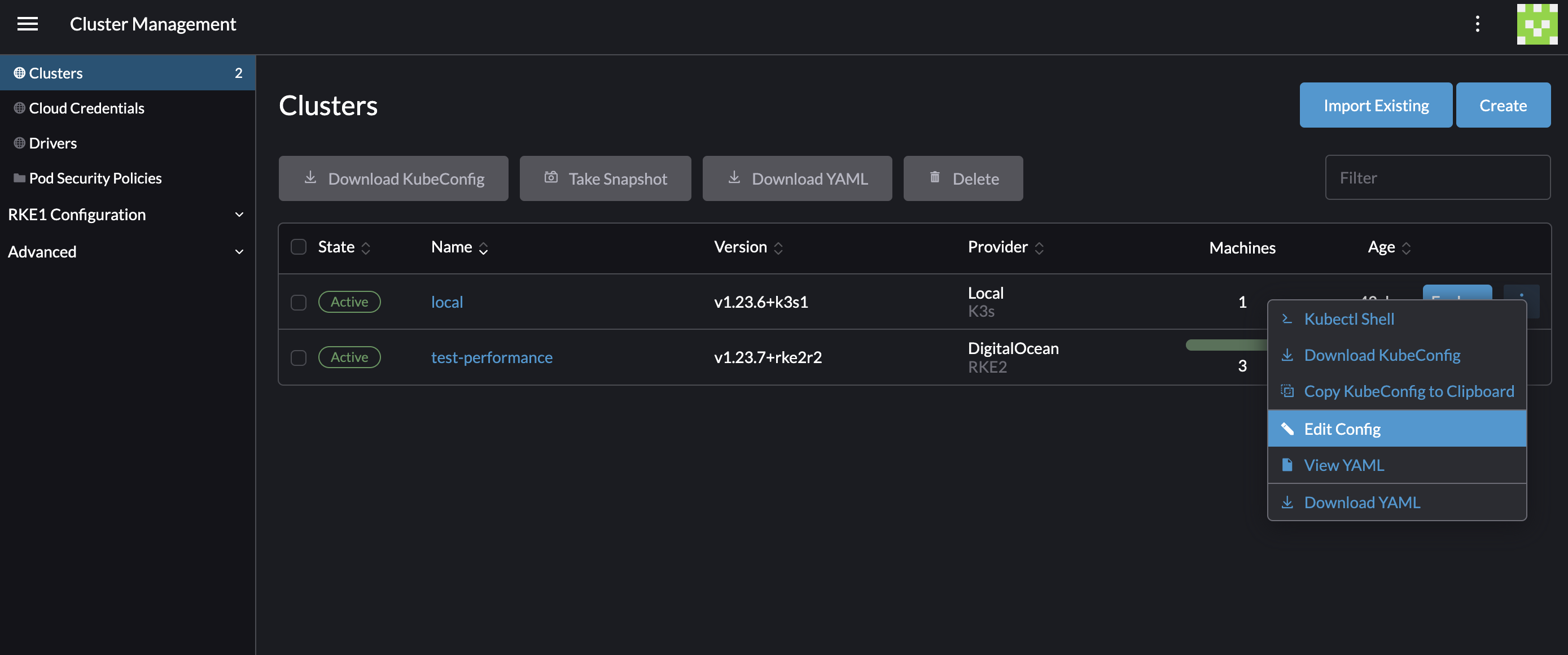 Editing a cluster from cluster management