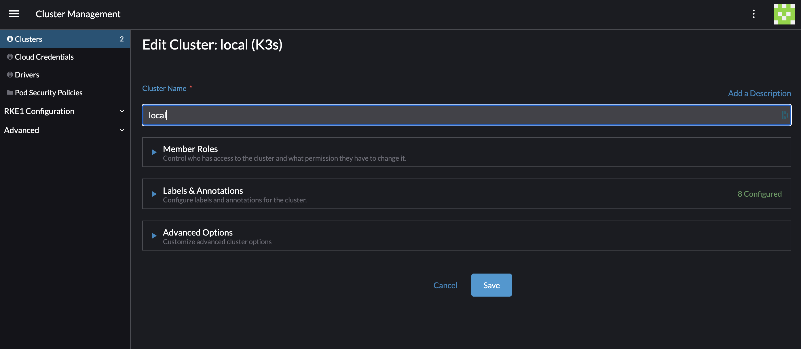 Editing local cluster - restricted view